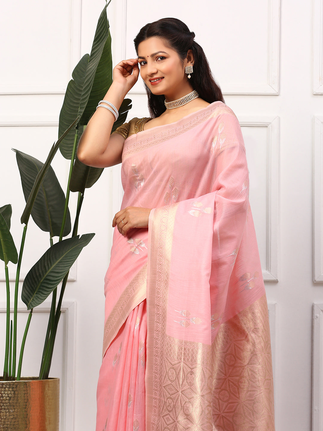 Couple Combo Pink Shirt & Weaving Semi Linen Saree SL136