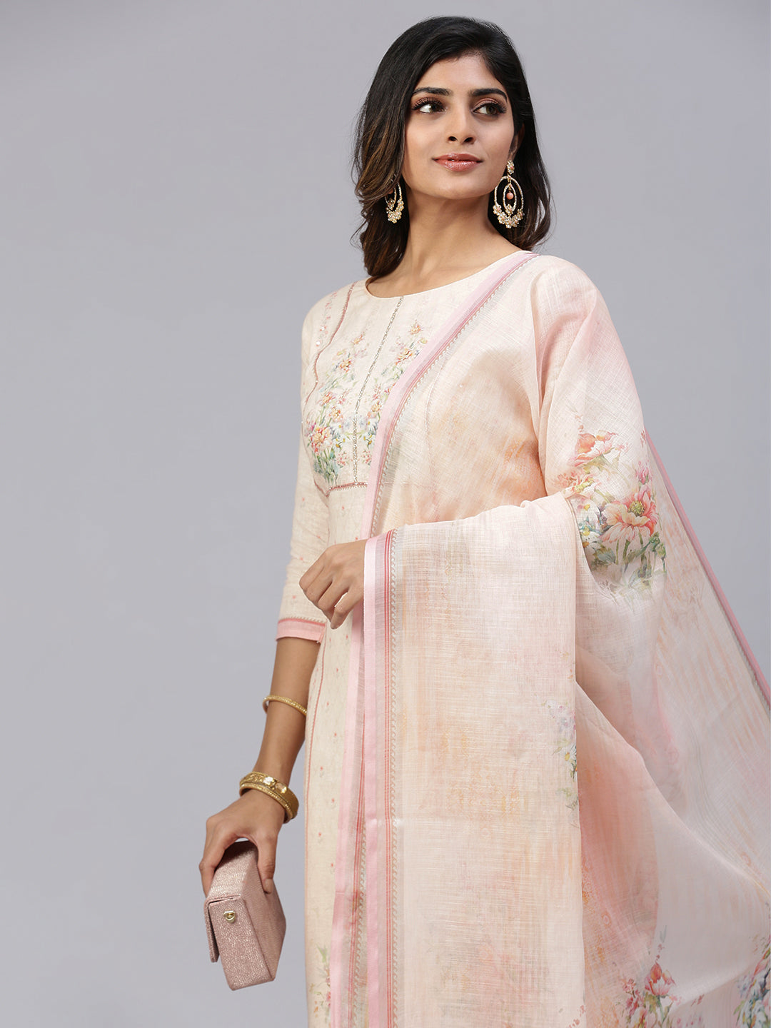 Women Cotton Embroidered Kurti Sets Peach EKS33