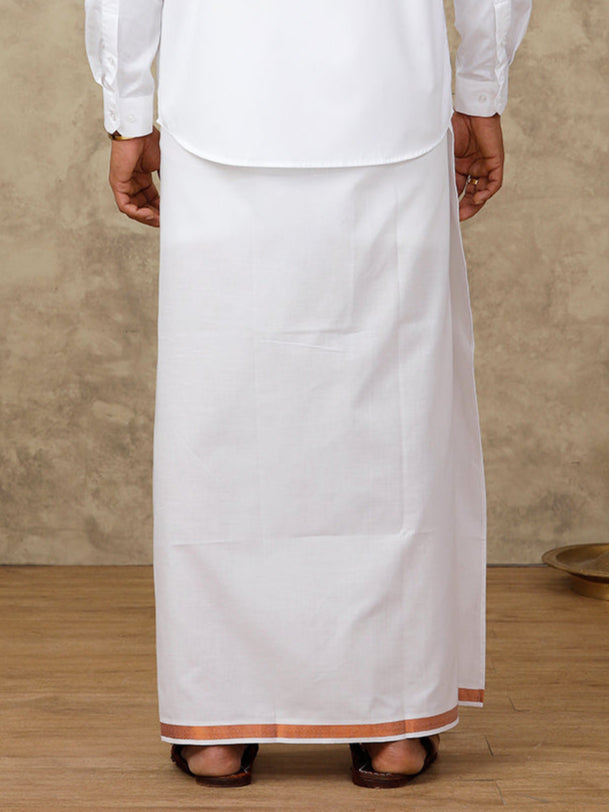 Men Cotton Blend Readymade Double Layer White Dhoti with 3/4" Copper Jari Border 248