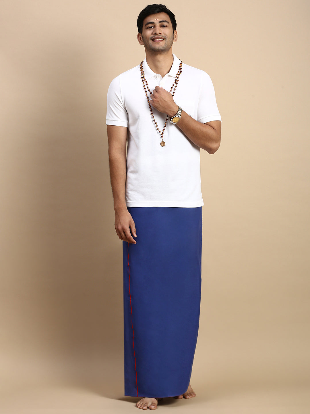 Men Devotional Small Border Dhoti & TShirt Set Blue EP1