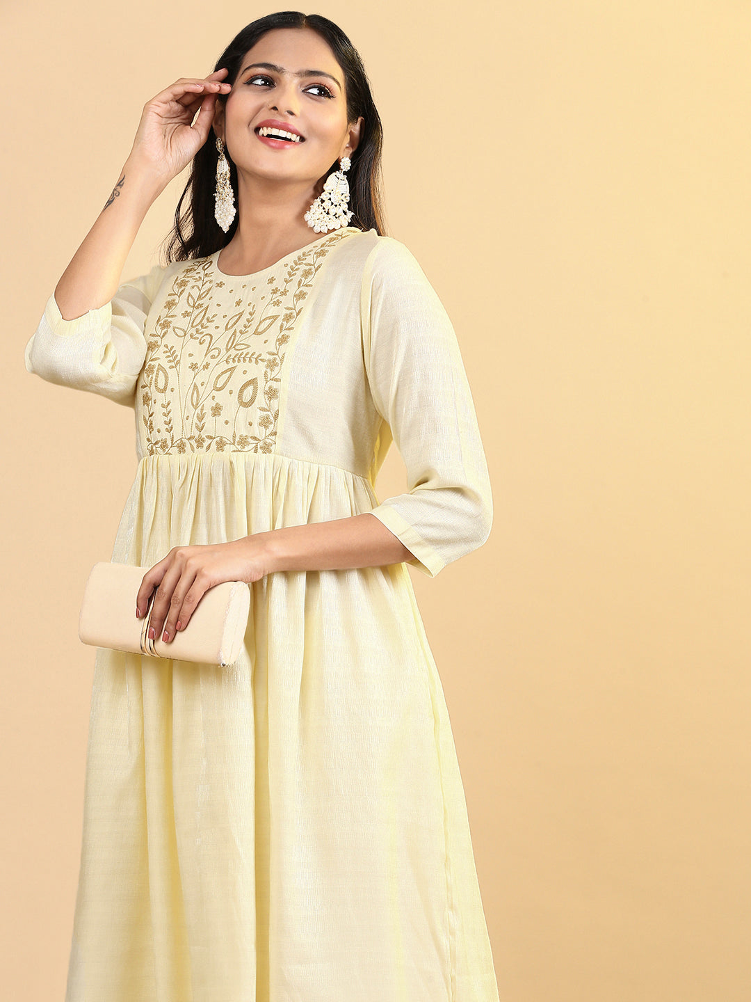 Women Cotton Embroidered Round Neck Kurti Cream EKS11