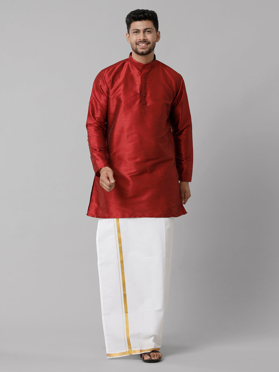 Mens Polyster Red Medium Length Kurta with White 3/4" Gold Jari Dhoti Combo SL06