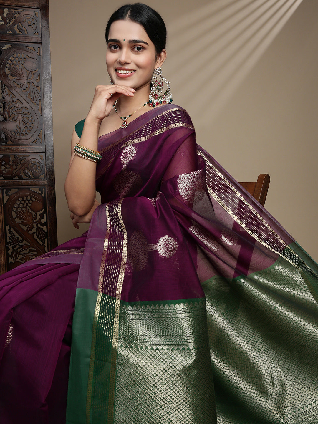 Women Kora Cotton Dark Purple Saree SK129