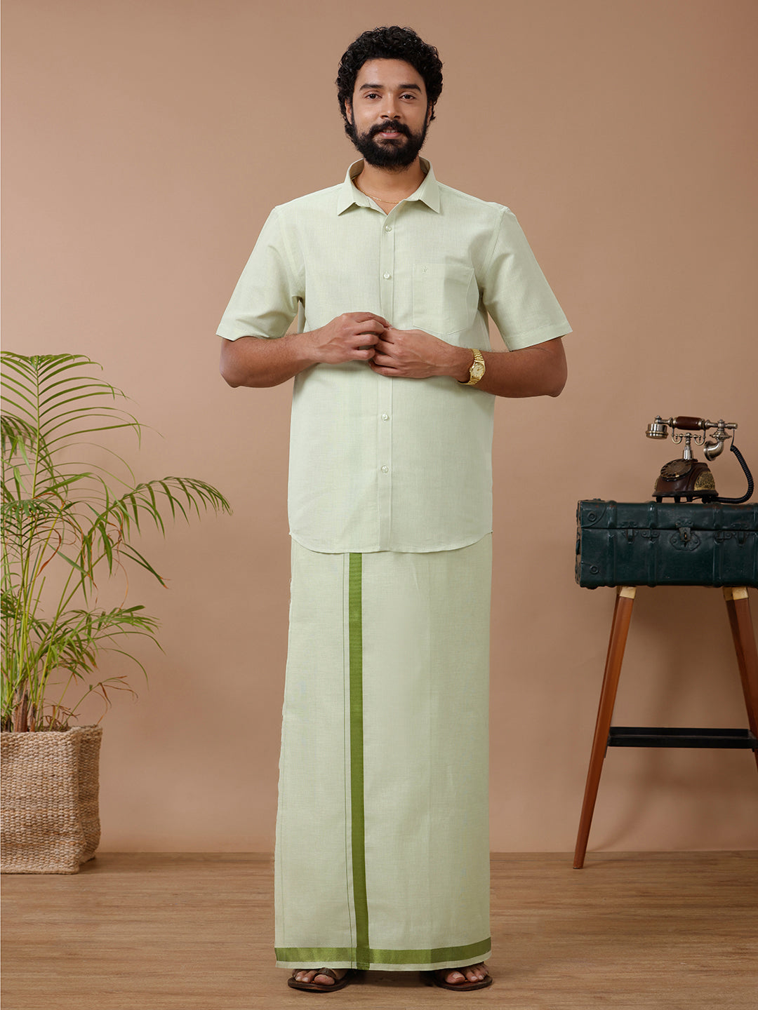 Couple Combo Shirt & Dhoti Set with Saree Green