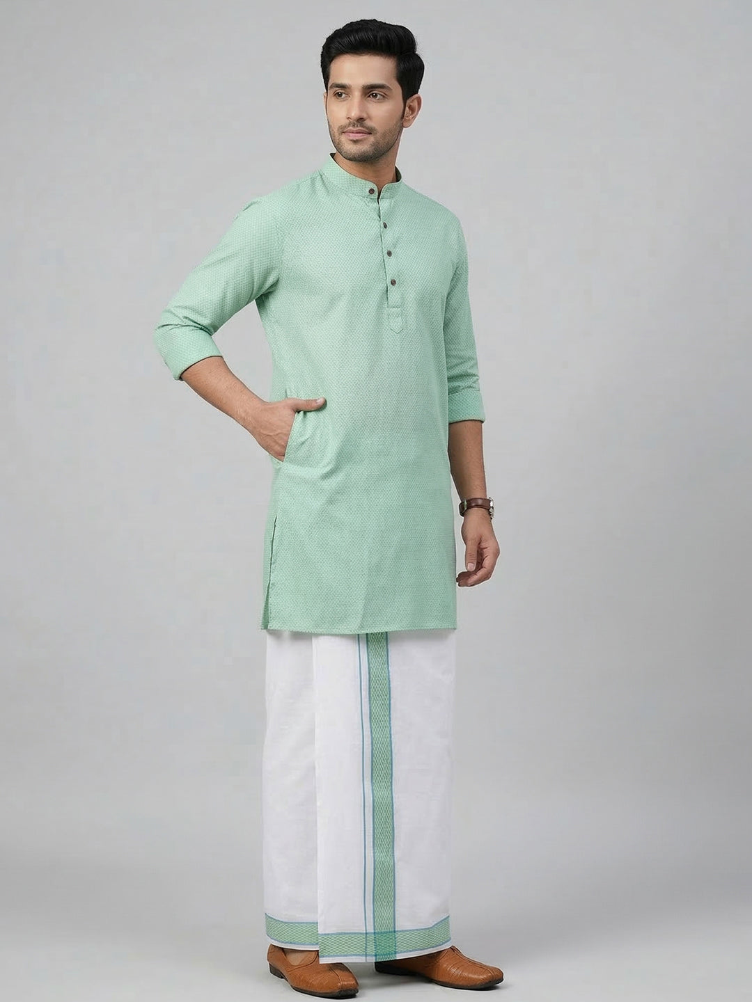 Men Greenish Blue Medium Length Kurta with Matching Border Dhoti Set MHJ6