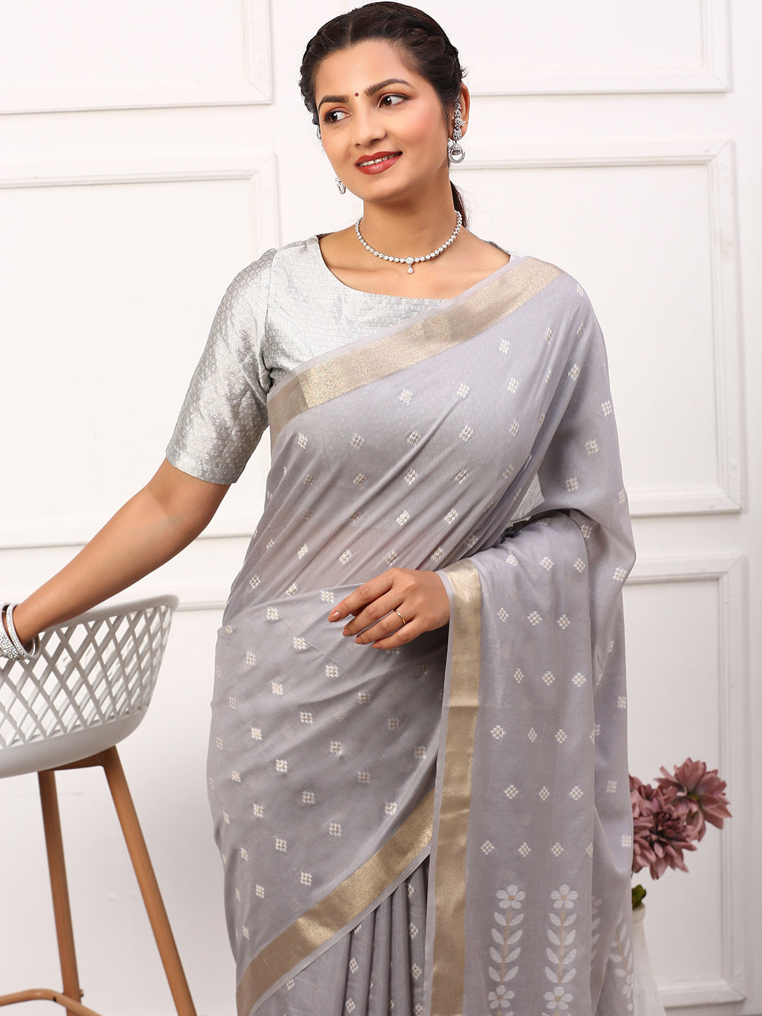 Women Semi Linen Weaving Saree Grey SL152