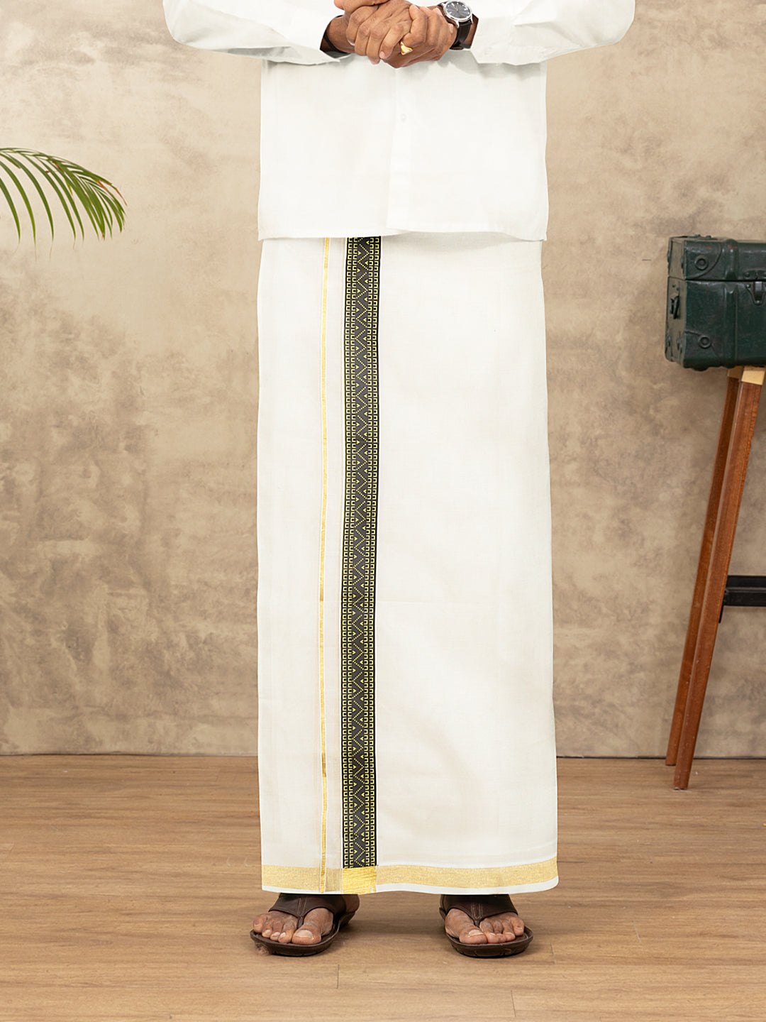 Men Kora Cotton Double Layer Dhoti with Double Side Fancy Jari Border PR20
