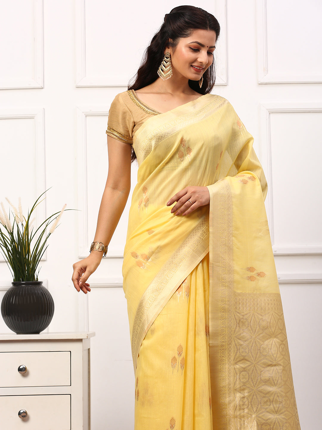 Women Semi Linen Weaving Saree Yellow SL148