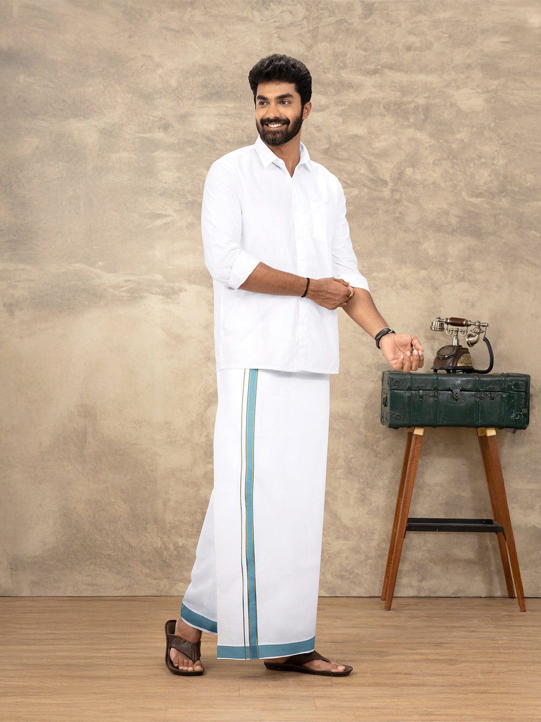 Men Cotton Blend Readymade Single Layer White Dhoti with Fancy Jari Border GACJ37