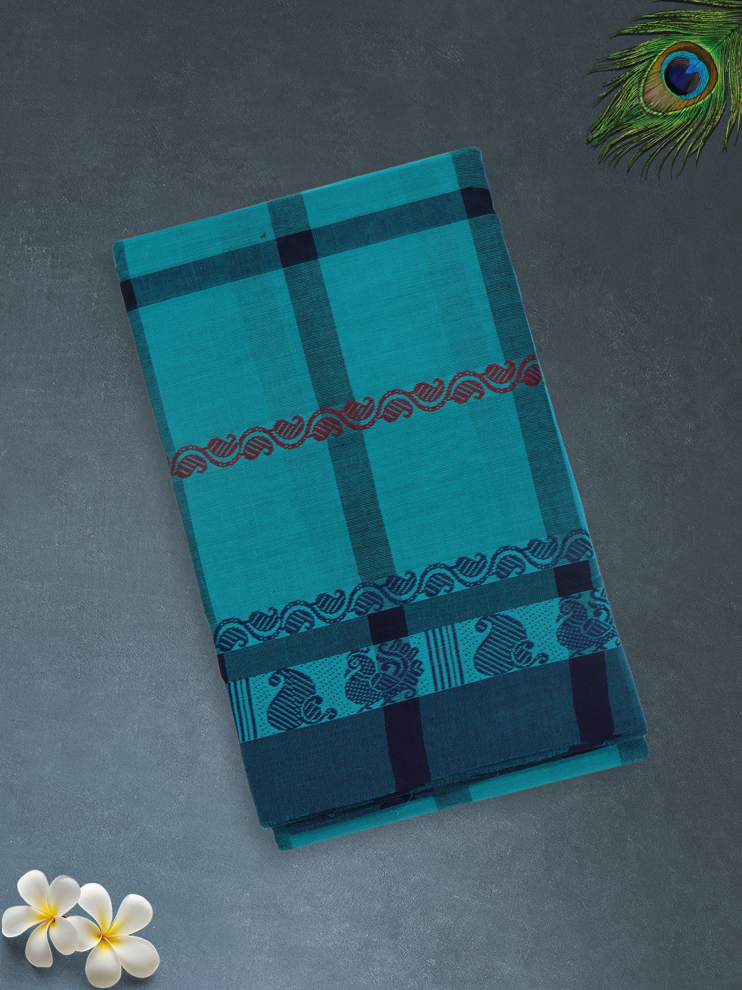 Women Teal Blue Checks Pure Chettinad Cotton Saree PCS228