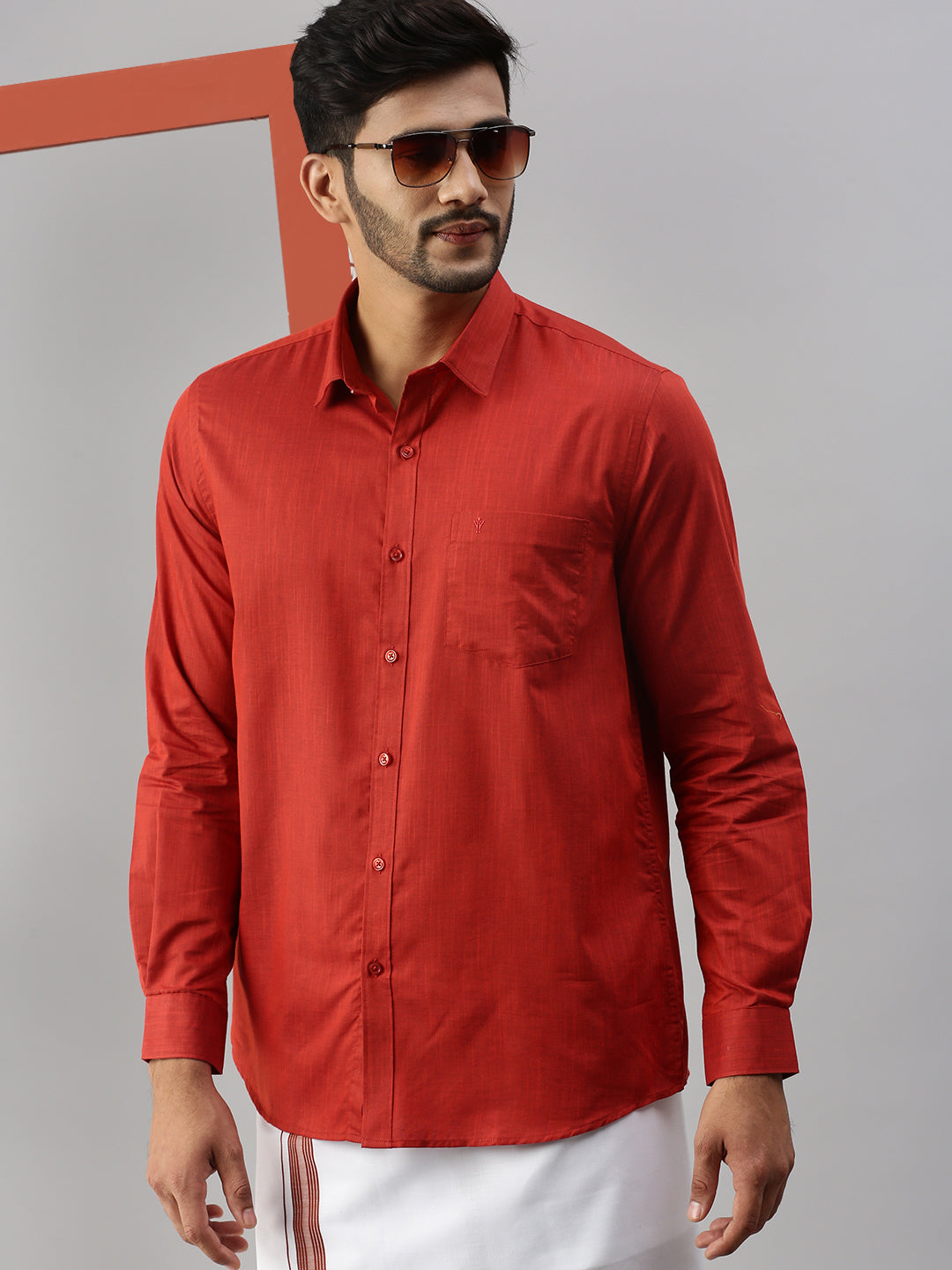 Mens Red Matching Border Dhoti & Full Sleeves Shirt Set Evolution IC5-Front view