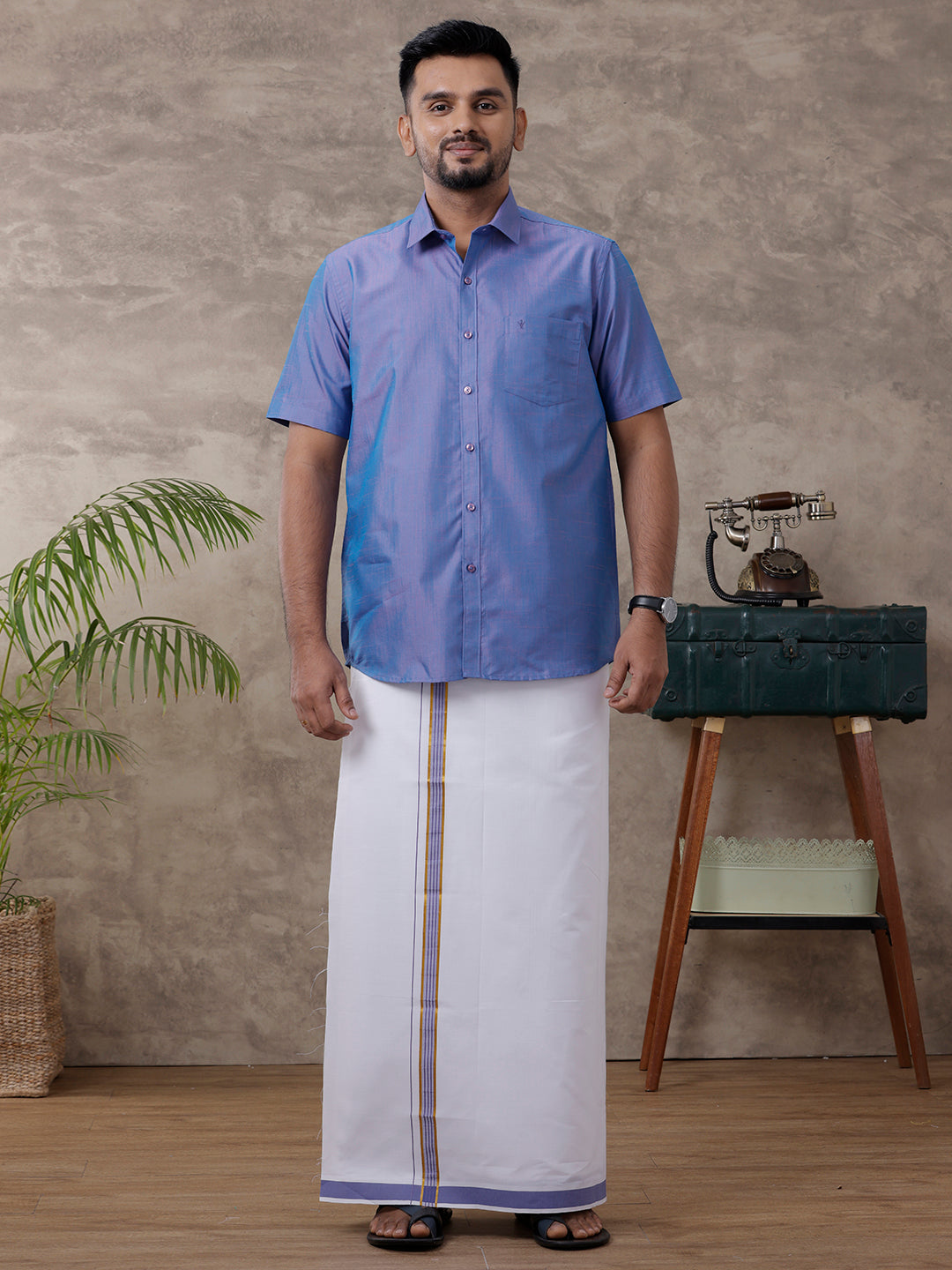 Men Matching Jari Border Dhoti & Half Sleeves Shirt Set Blue VB5