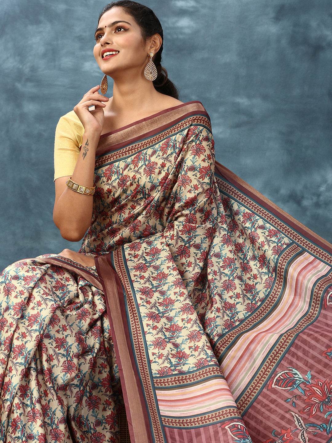 Women Semi Silk Print Saree Sandal SS182