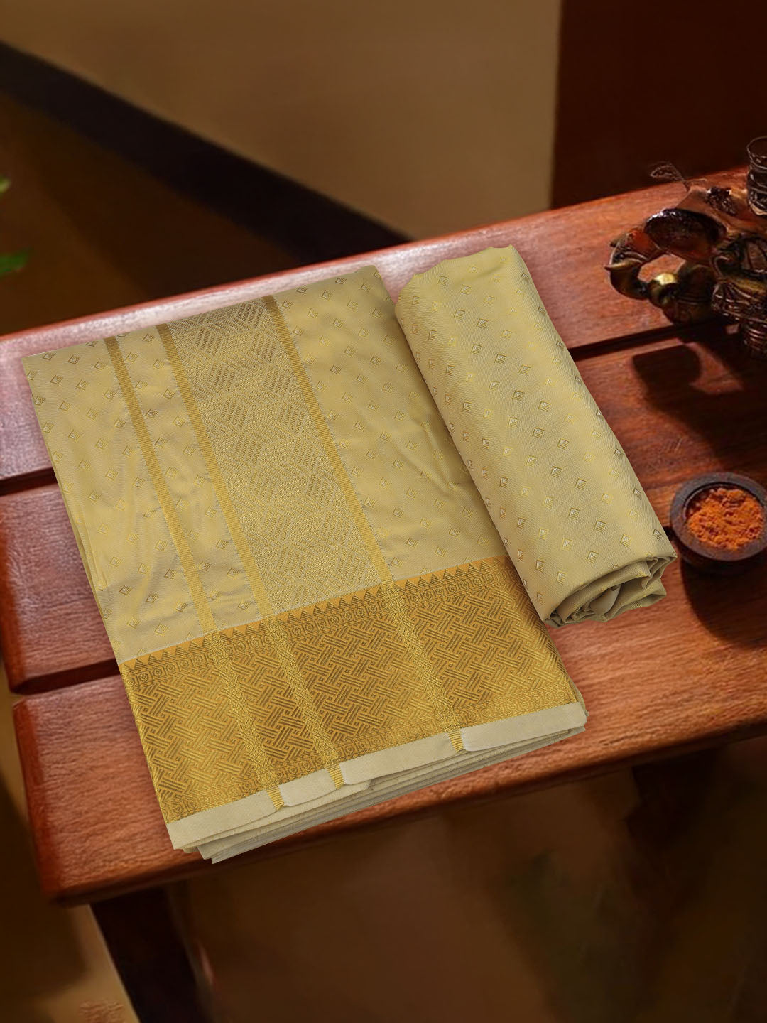 Men Art Silk Dhoti & Shirting Set Gold Mangalakara 140k (2 in 1) M36