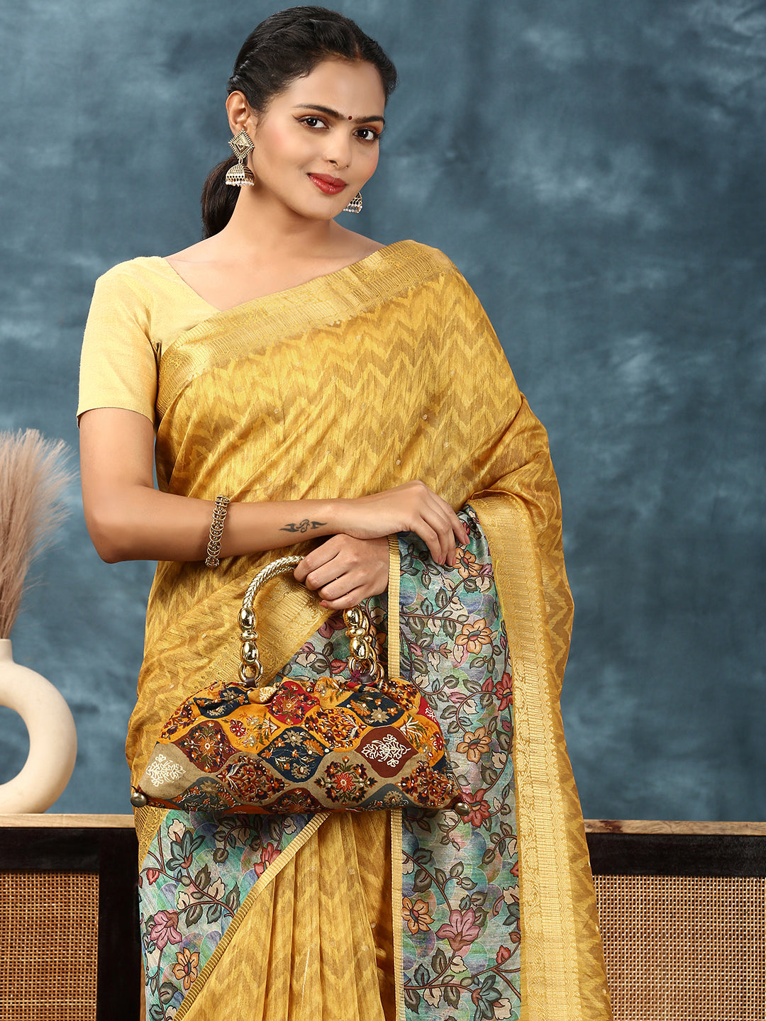 Women Semi Tussar Printed Saree Yellow ST165