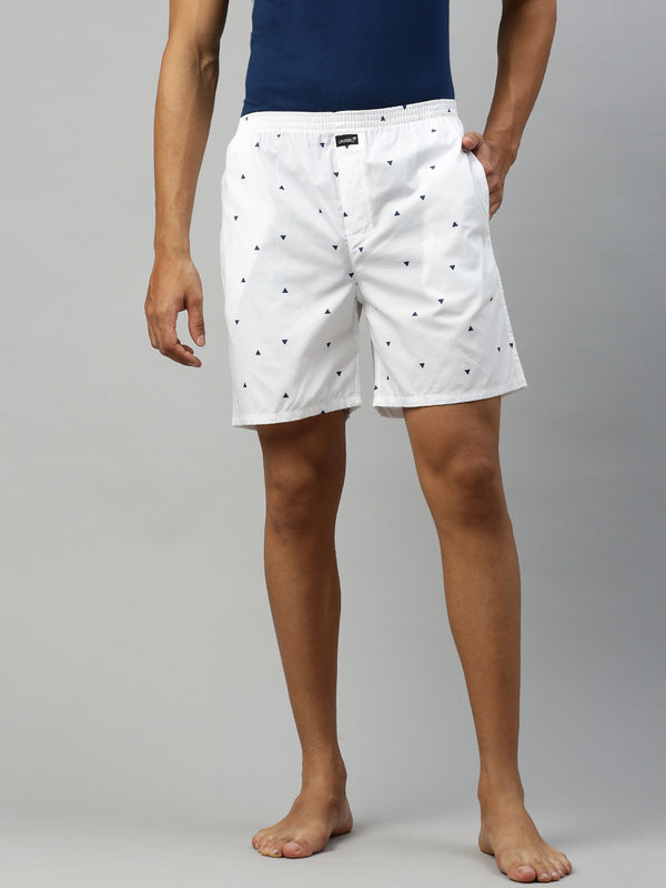 Mens White Printed Woven Boxer Long WB28