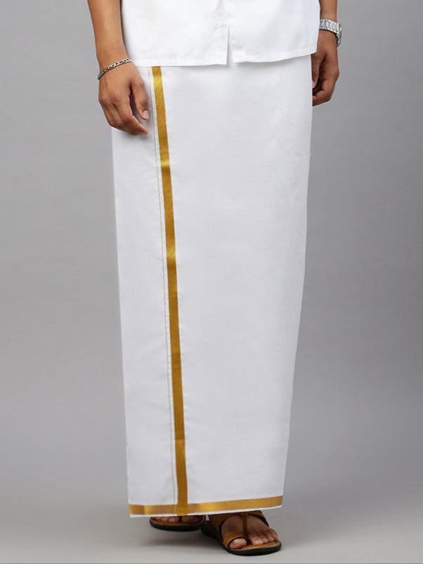 Men 100% Cotton Readymade Single Layer White Dhoti with Gold Jari Border 248