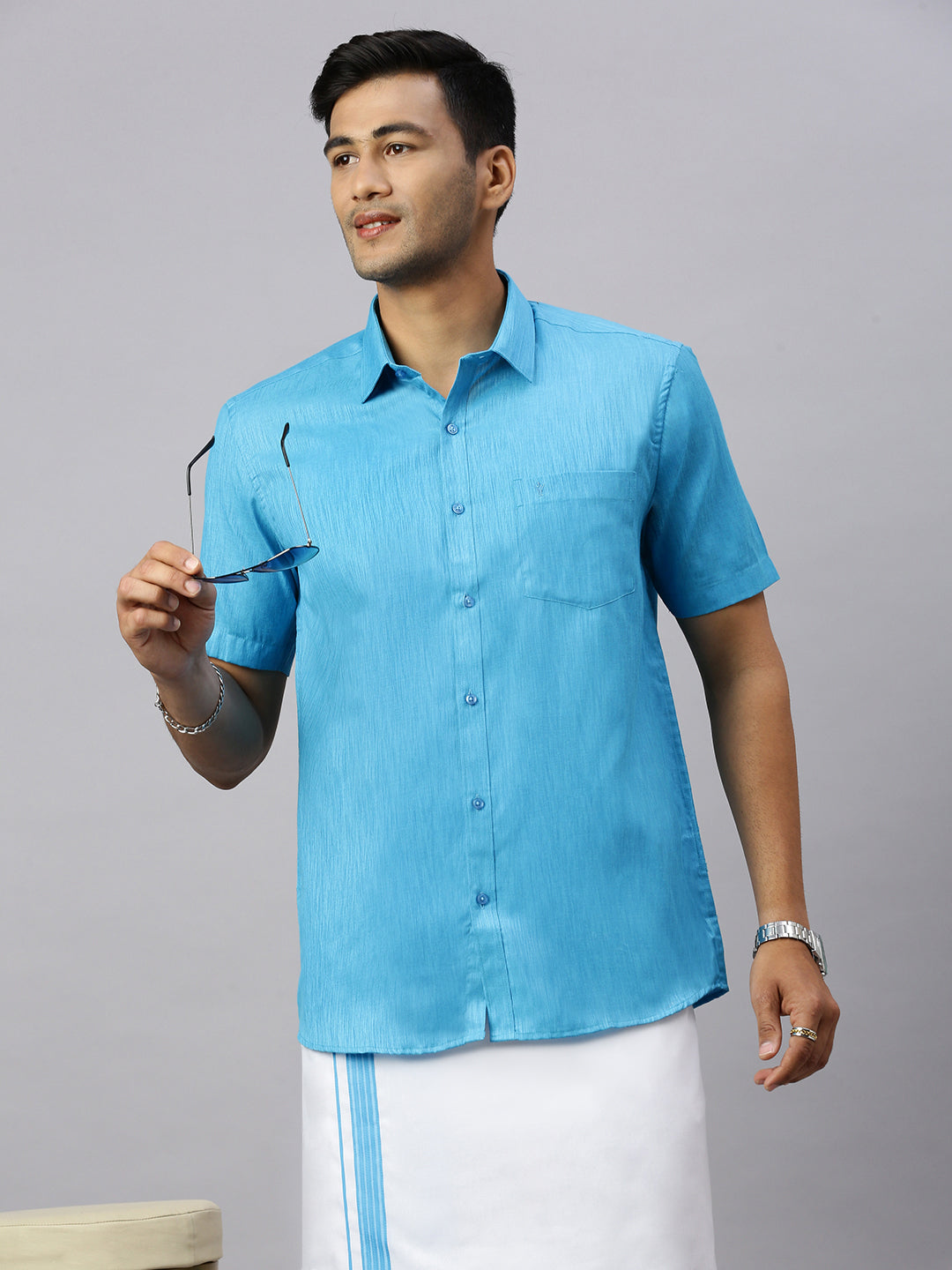 Mens Eastern Blue Matching Border Dhoti & Half Sleeves Shirt Set CV5