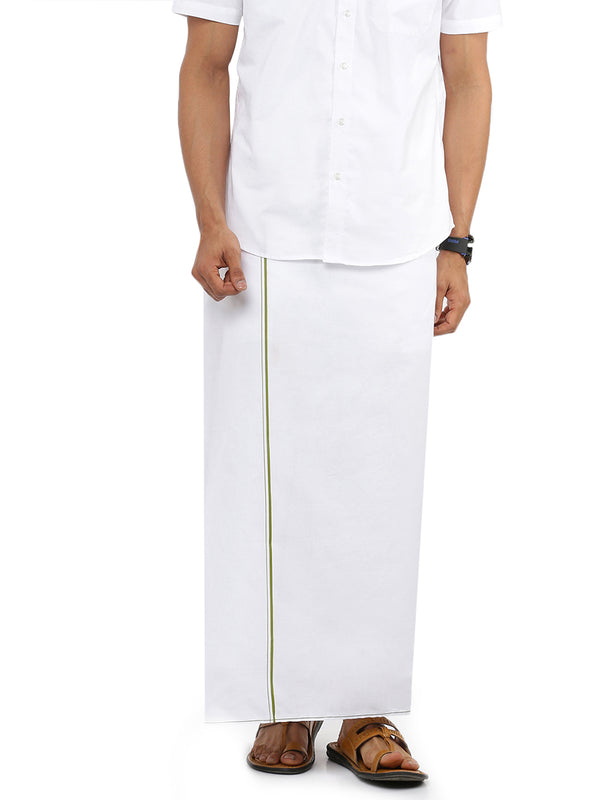 Mens White Single Dhoti with Light Green Small Border Gold Star Fine