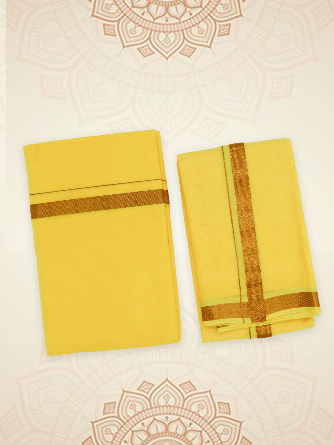 Men Premium Cotton Double Layer Yellow Dhoti & Towel Set with Gold Jari Border