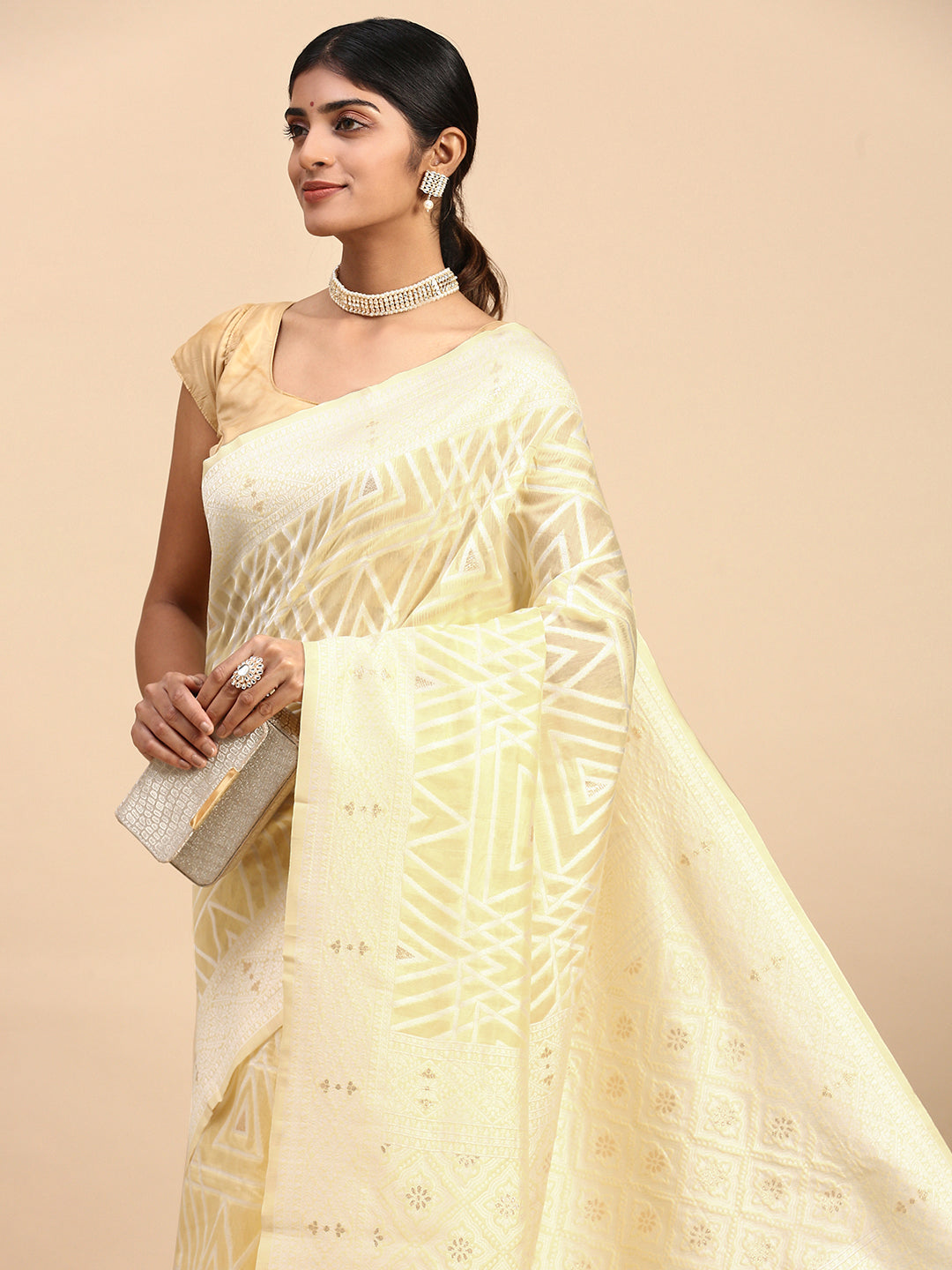 Women Semi Cotton Printed Saree Light Yellow SCS113