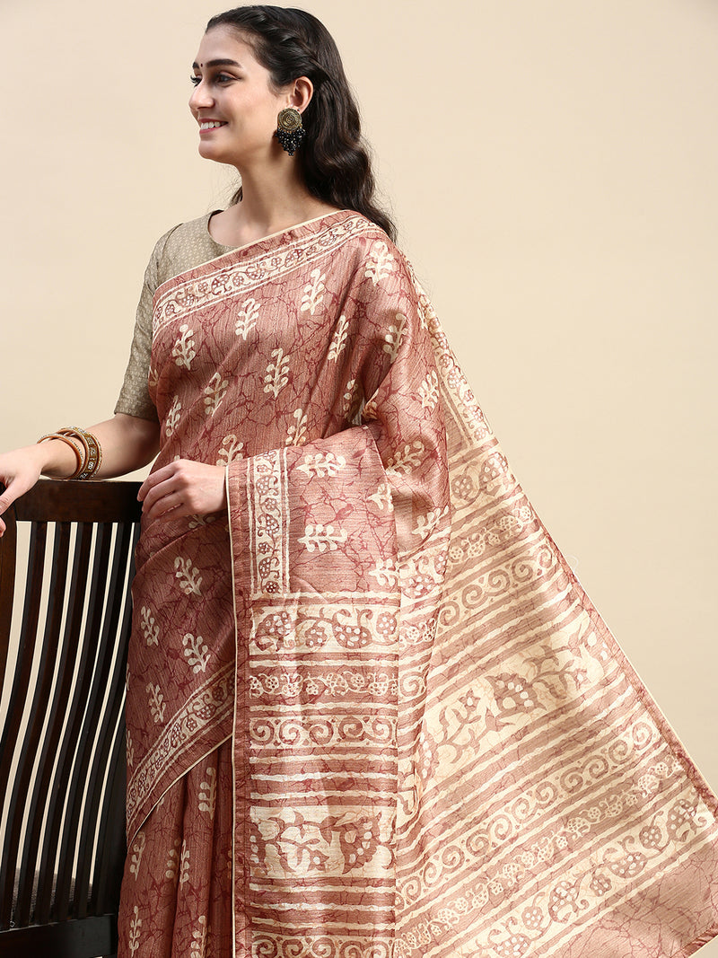 Womens Semi Cotton Brown and Sandal Flower Printed Saree SCS25