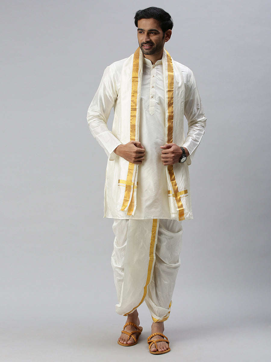 Men Silk Cream with Gold Jari Border Readymade Panchakacham & Towel Set 60K