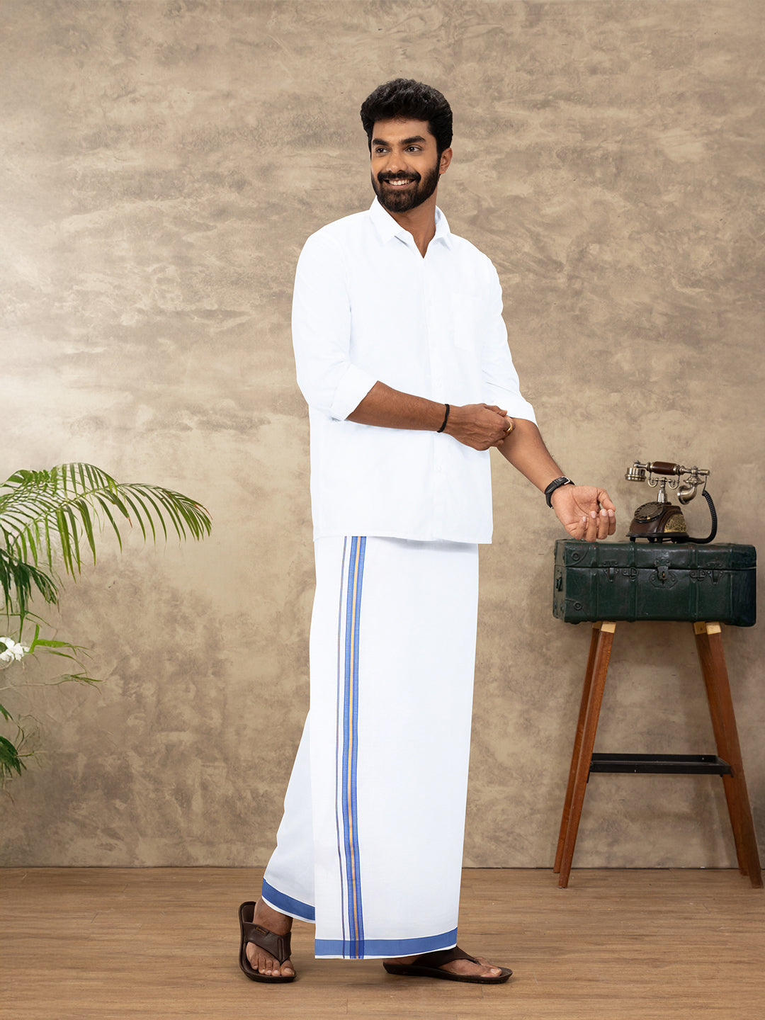 Men Cotton Blend Readymade Single Layer White Dhoti with Fancy Jari Border GACJ42