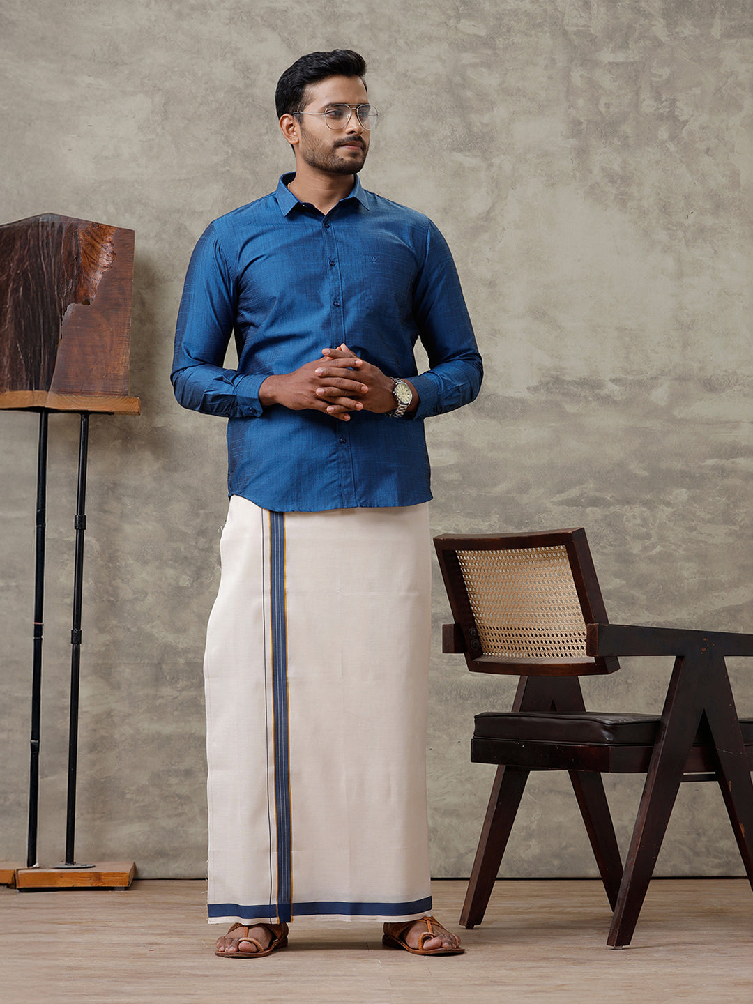 Couple Combo Shirt & Dhoti Set with Saree Dark Blue SC56