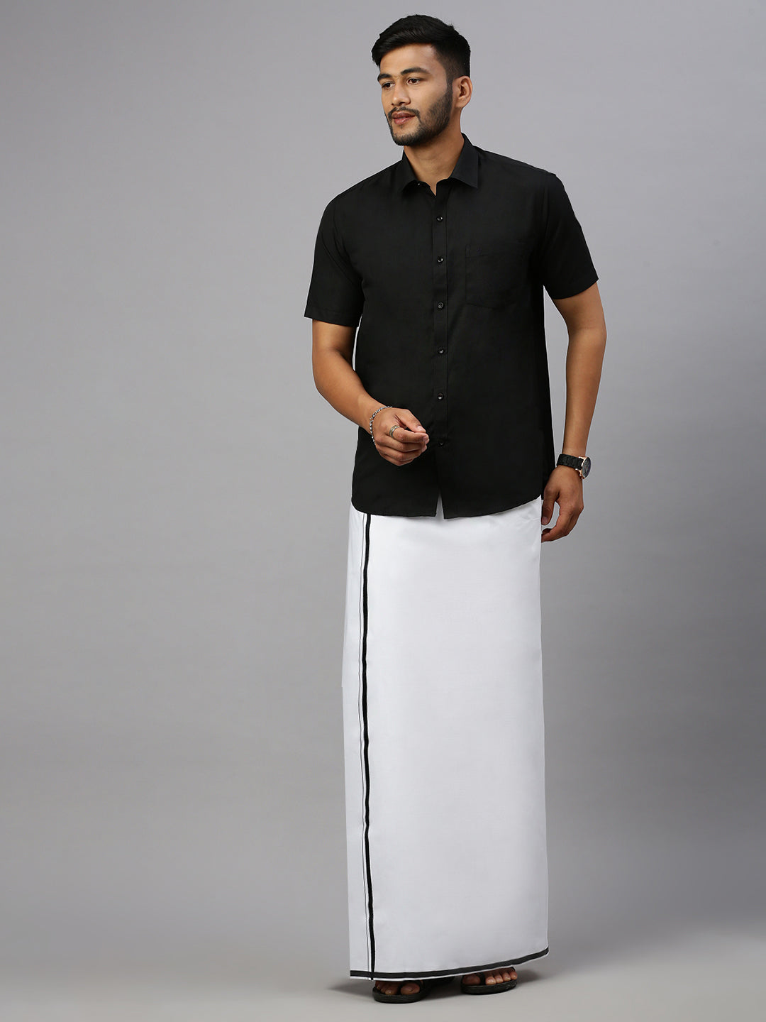 Men Black Border Single Layer Dhoti White