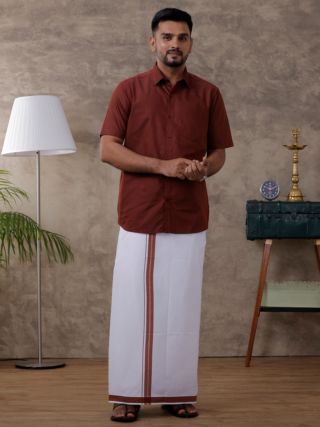 Couple Combo Shirt & Dhoti Set with Saree Brown PCS169