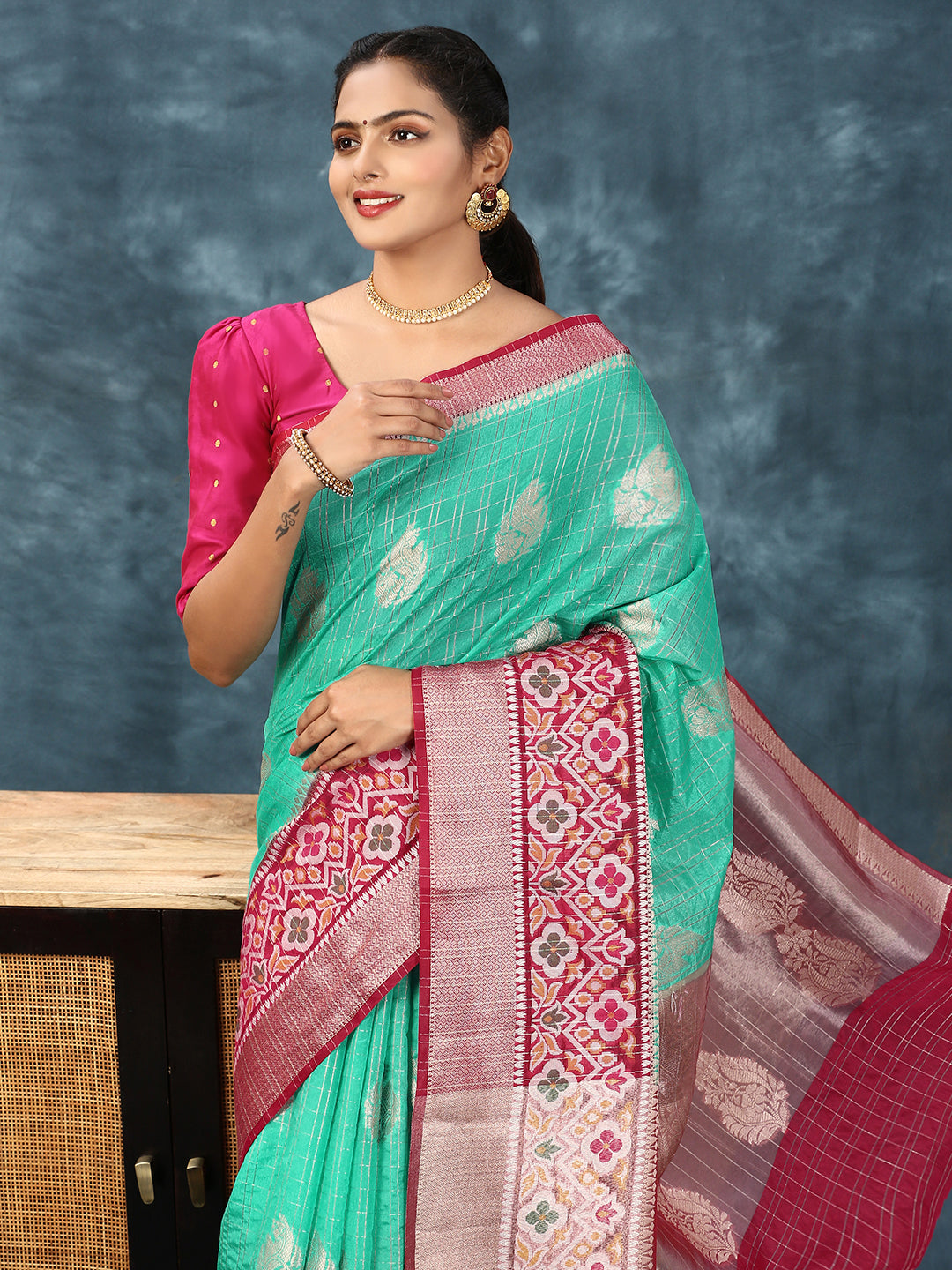 Women Semi Raw Silk Weaving Saree Blue SRS86