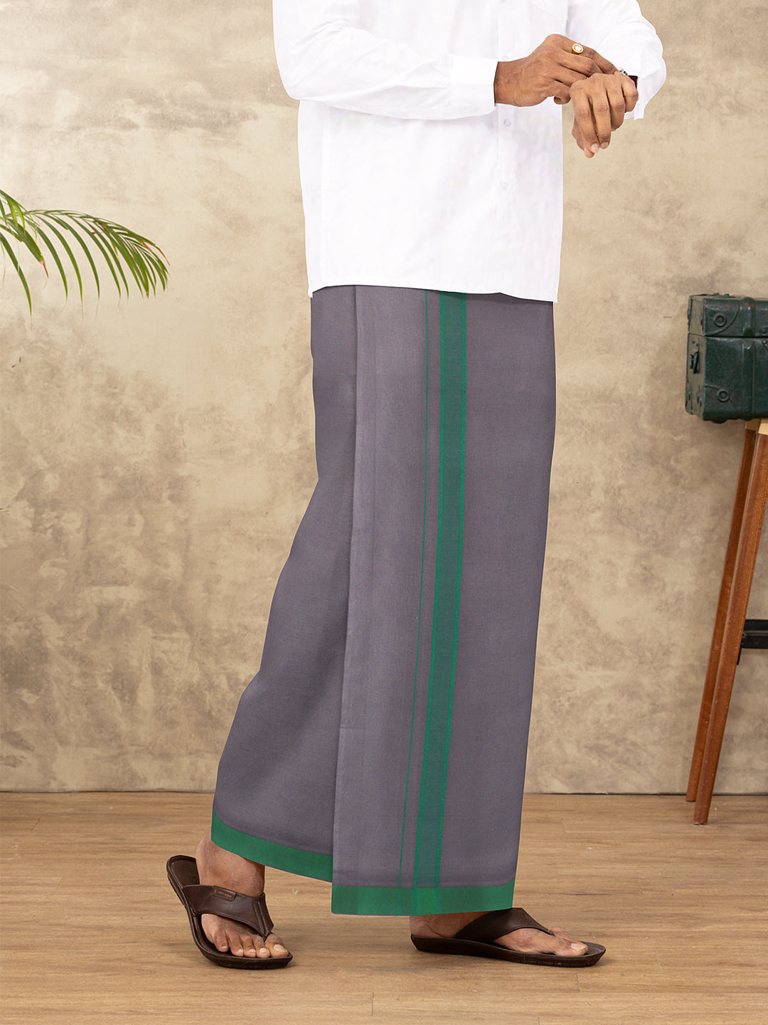 Men 100% Cotton Single Layer Charcoal Dhoti with Assorted Border Ahimsa