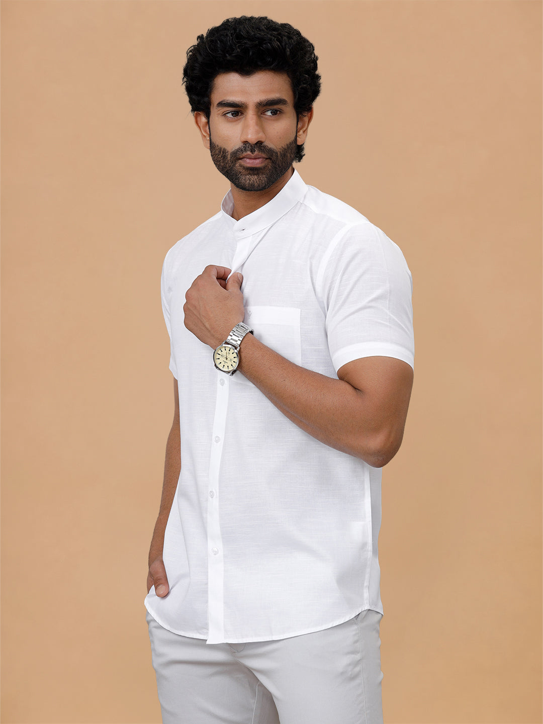 Slub Texture Chinese Collar White Shirt - Craft