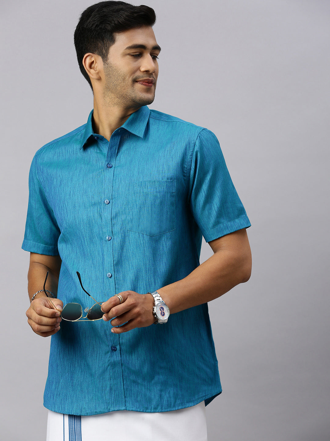 Mens Peacock Blue Matching Border Dhoti & Half Sleeves Shirt Set CV6