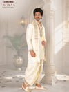 LAGNAA Premium Pure Tussar Silk Hand Embroidered Floral Motifs, Jari Dozi Cut-Dana Kurta, Panchakacham & Angavastram set | Pushpa Tilakam