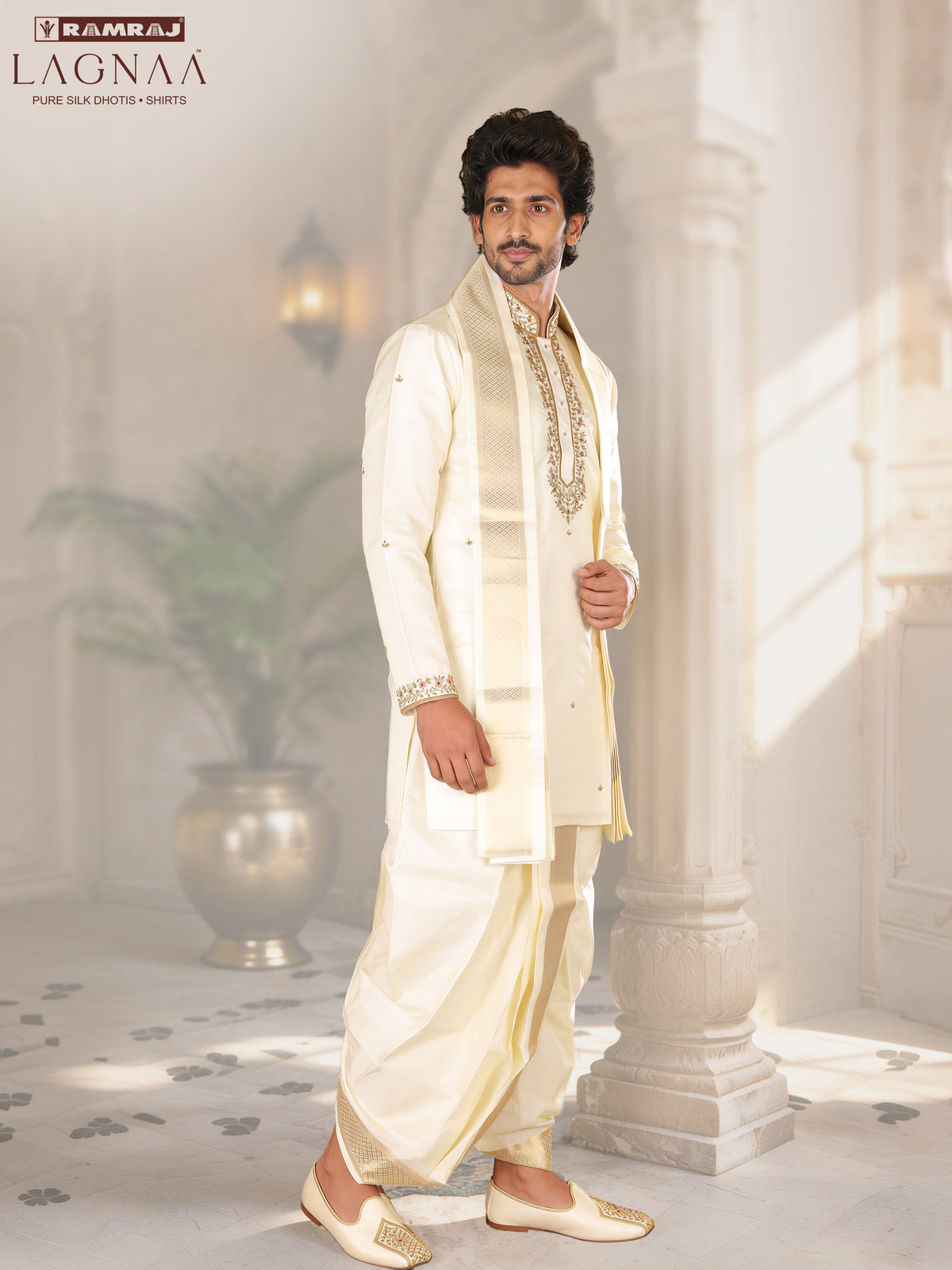 LAGNAA Premium Pure Tussar Silk Hand Embroidered Floral Motifs, Jari Dozi Cut-Dana Kurta, Panchakacham & Angavastram set | Pushpa Tilakam