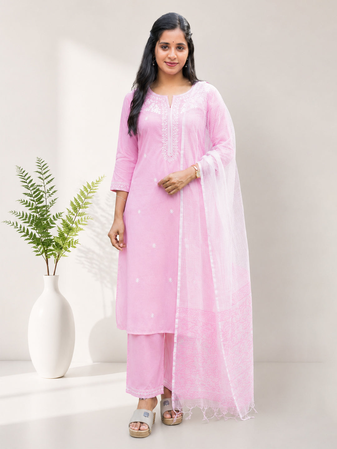 Women Cotton Embroidered Baby Pink Kurti Set EKS140