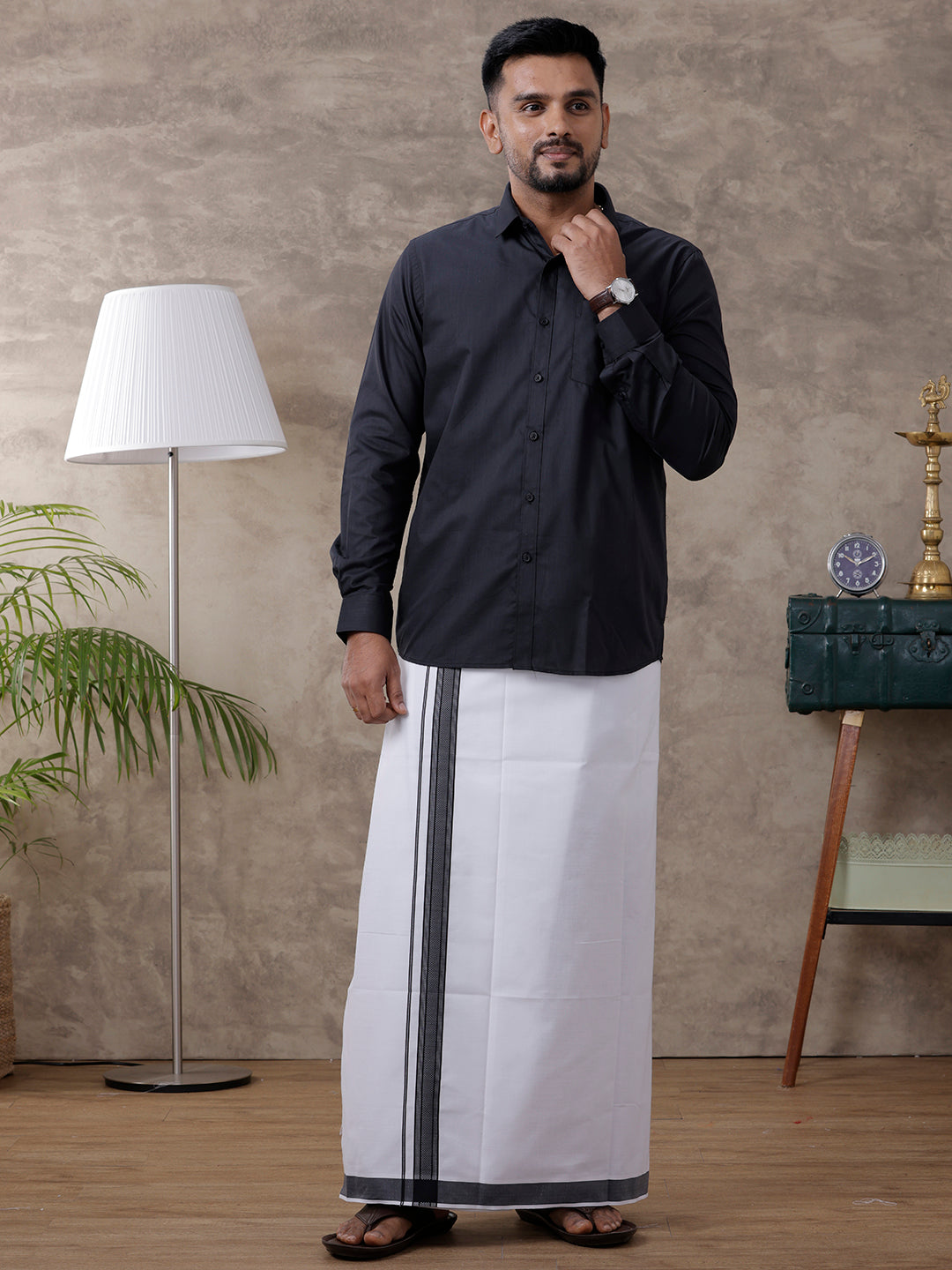 Men Black Matching Border Dhoti & Full Sleeves Shirt Set Evolution IC10