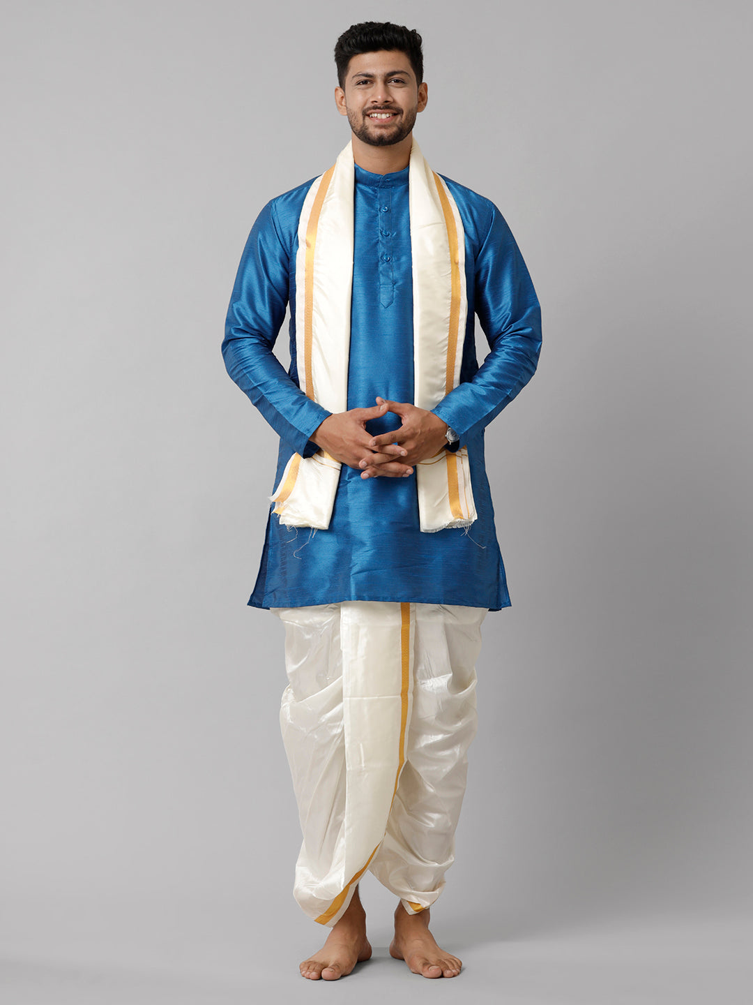 Mens Polyster Blue Medium Length Kurta with Art Silk Panchakacham Towel Combo SL01