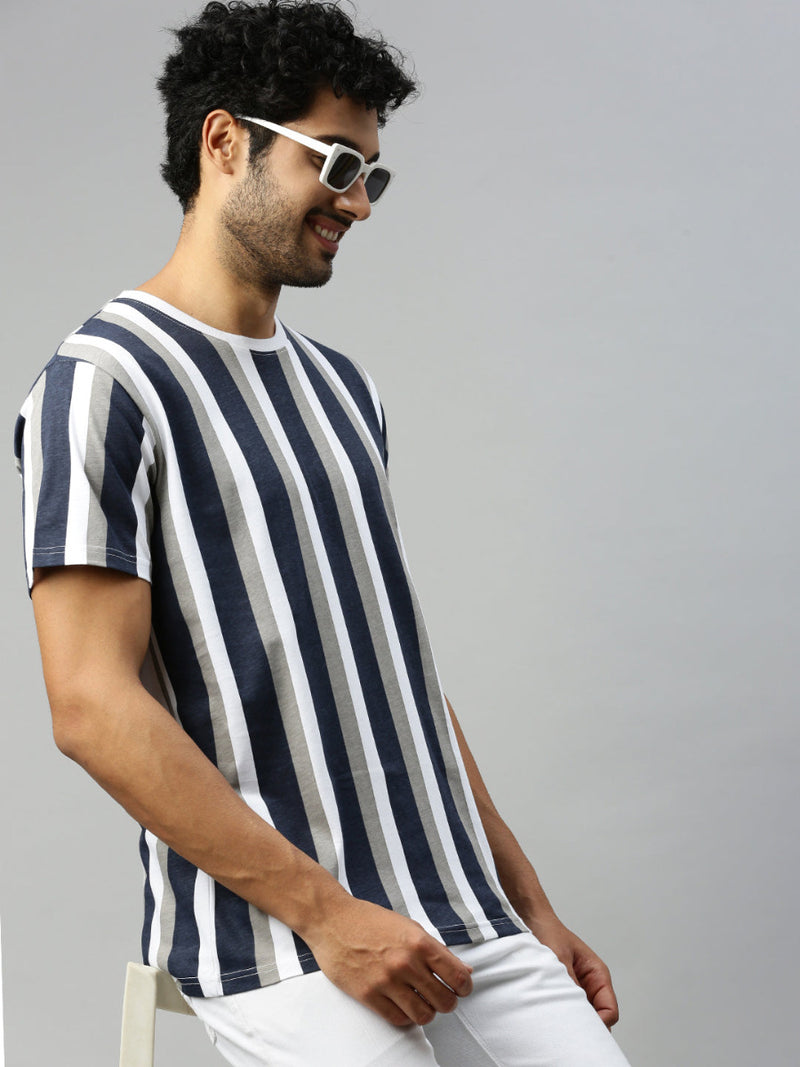 Navy & Grey Striped Graphic Printed Round Neck Casual T-Shirt GT45