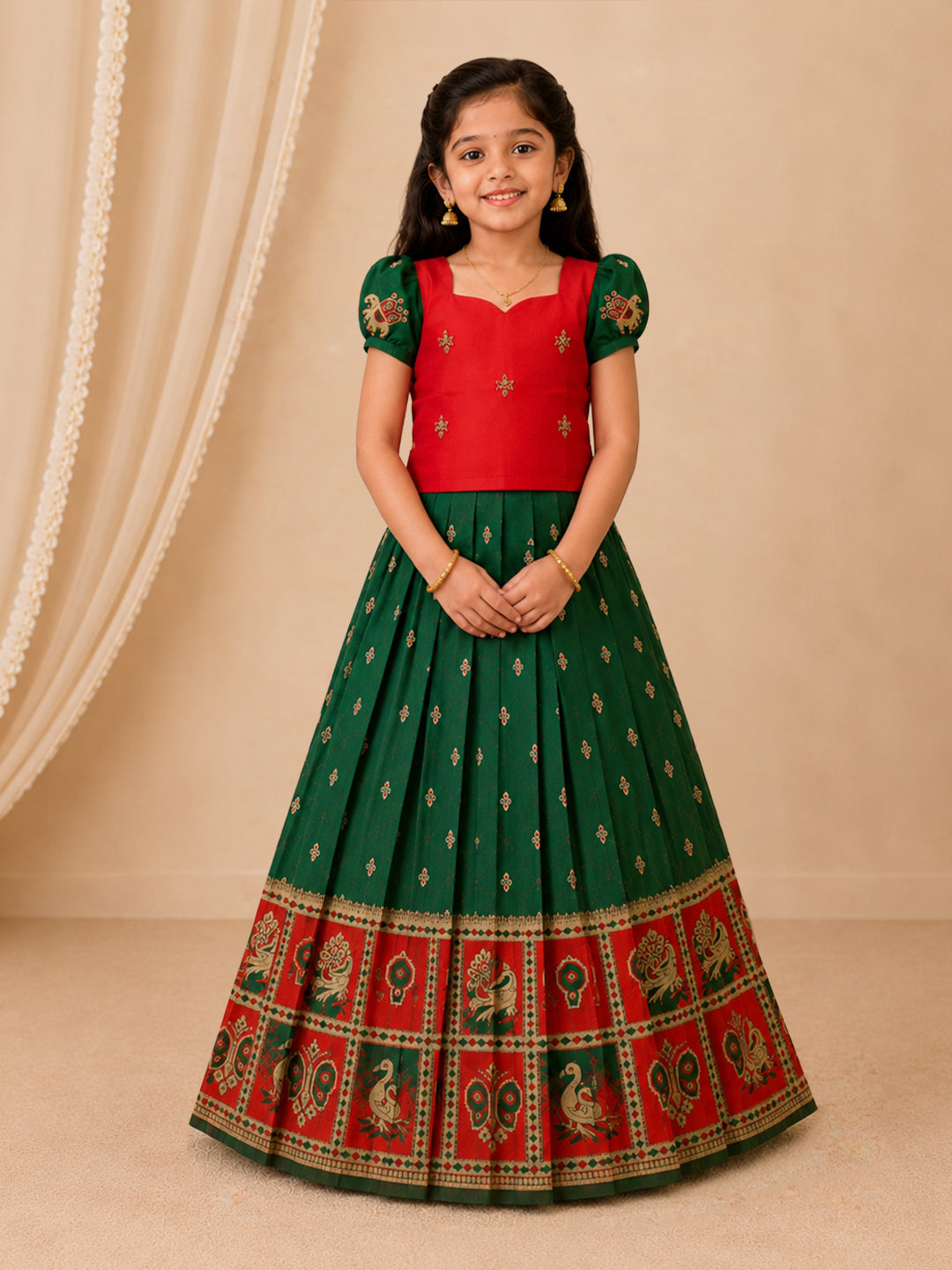 Girls Cotton Red Pattu Pavadai Set GPS41