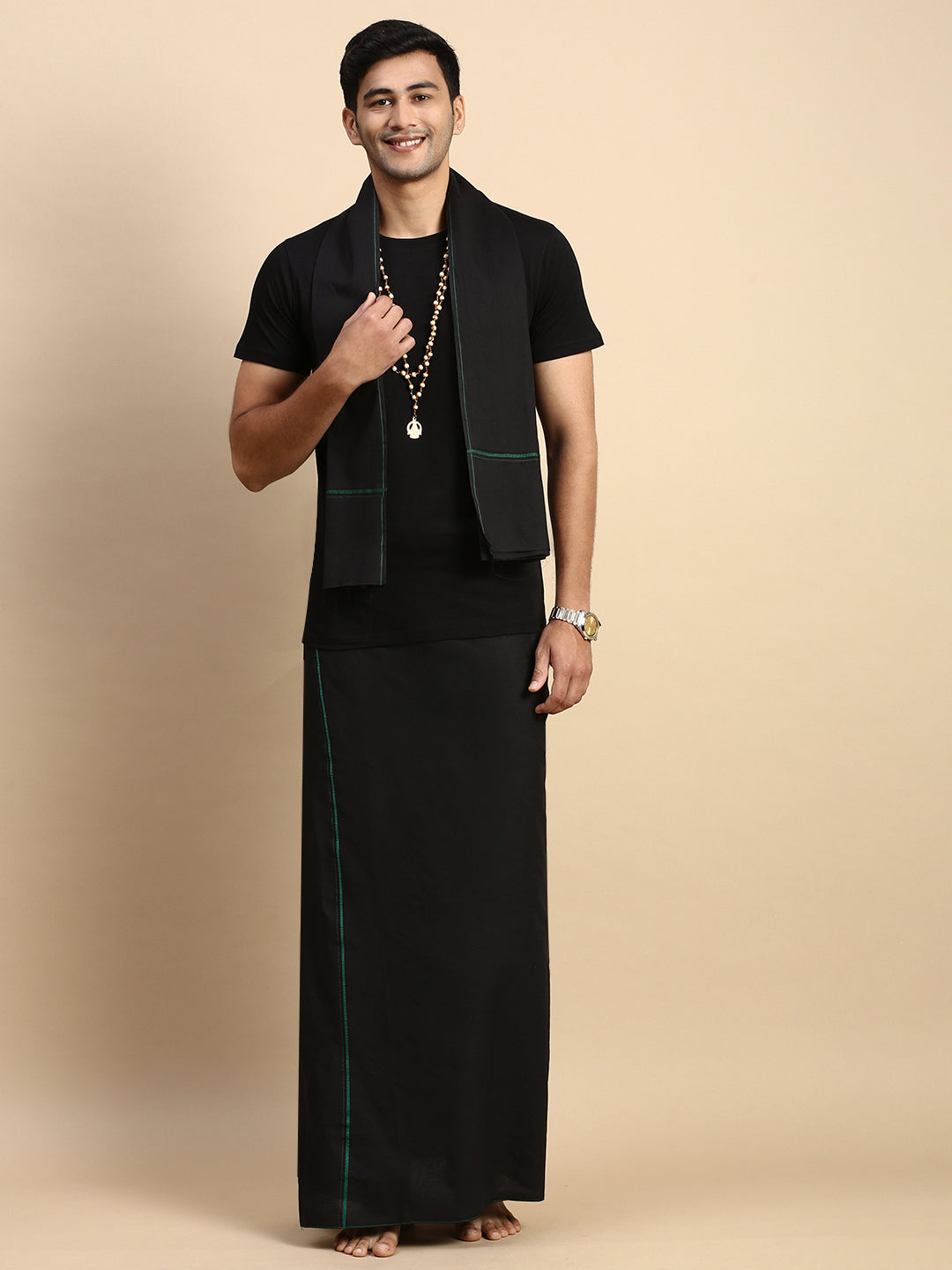 Men Devotional Small Border Dhoti with Towel & TShirt Set Black ET14