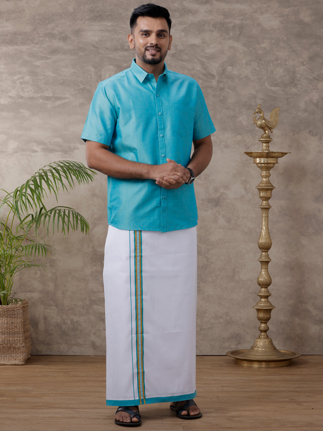 Mens Matching Jari Border Dhoti & Shirt Set Half Sleeve Blue VB8