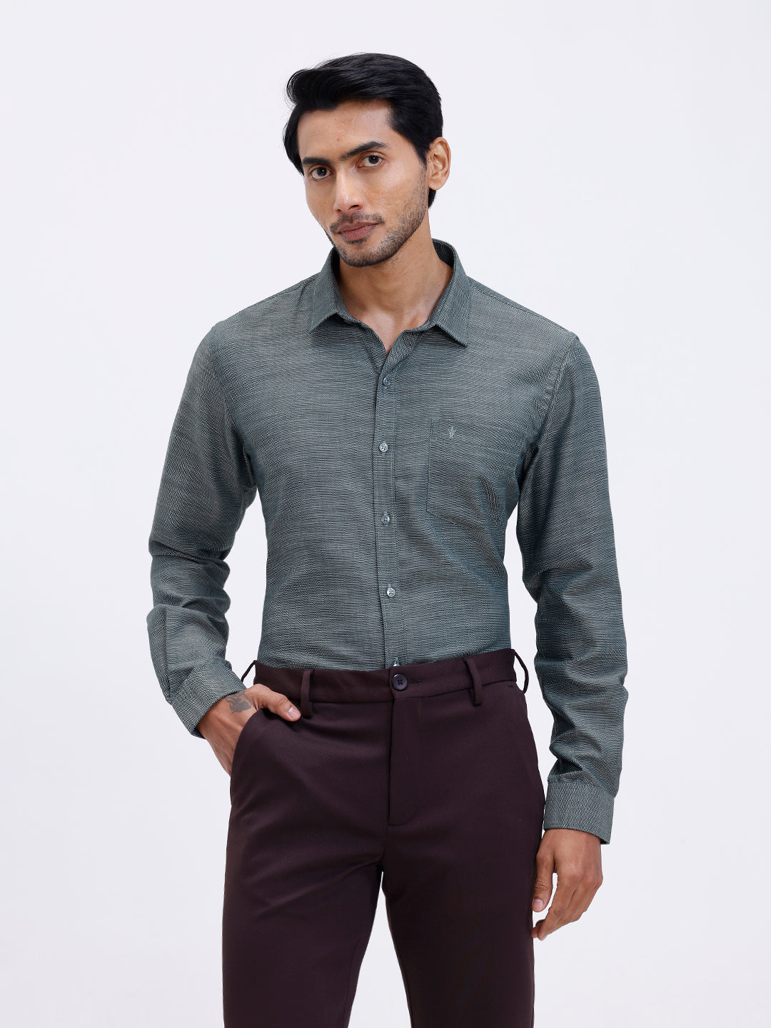 Men Cotton Rich Shirt Green Dobby T59 AIT3
