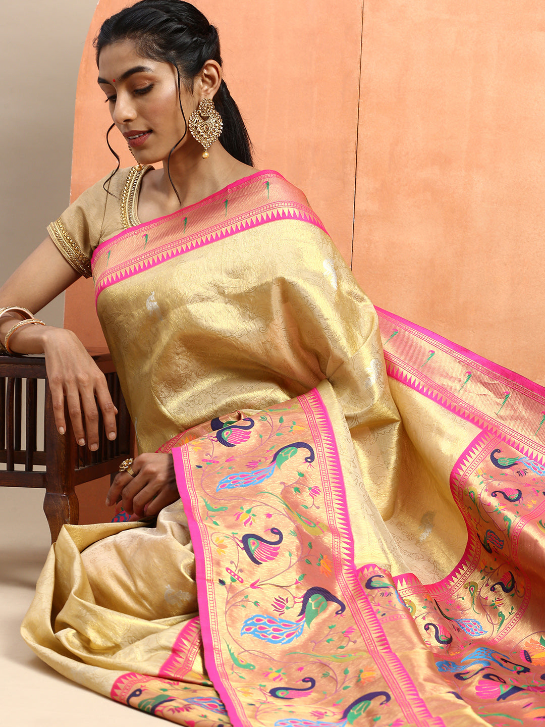 Womens Semi Silk All Over Designed Sandal & Pink Saree ASP08-Side view
