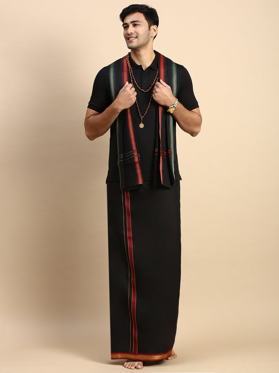 Men Devotional Mayilkhan Border Dhoti with Towel & TShirt Set Black EPD14