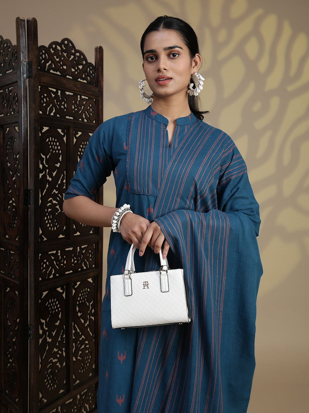 Women Cotton Blue Stripes Design Kurti Set EKS96