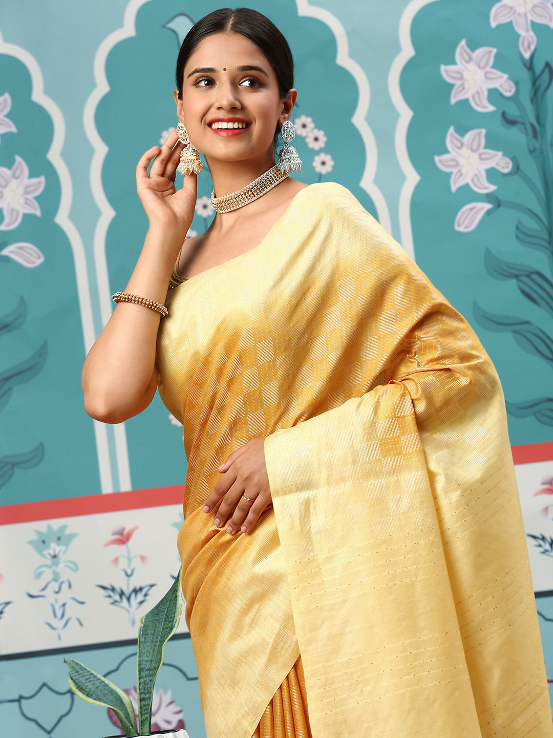 Womens Chanderi Cotton Printed Saree Yellow SC14