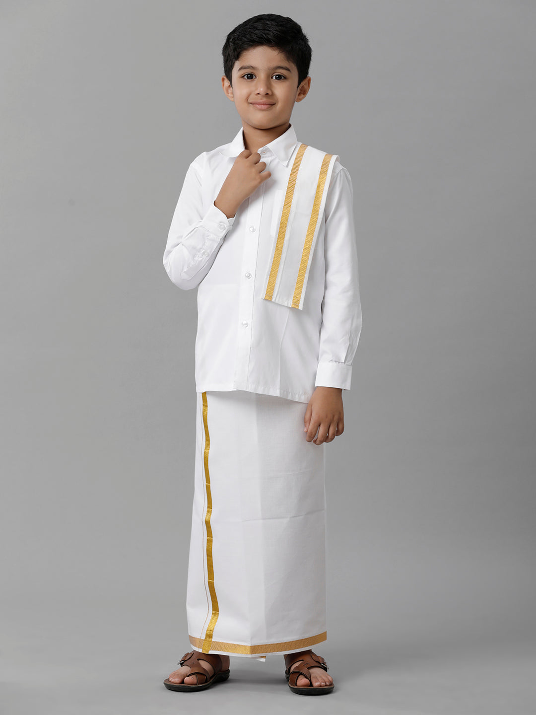 Boys Cotton White Full Sleeves Shirt Dhoti with Towel Set-Front view